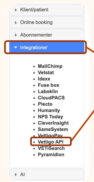 Open Integrations and pick Vettigo API from the list.
